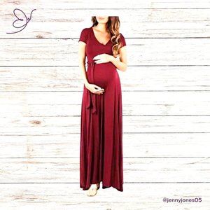 Mother Bee Maternity Burgundy Short Sleeve Tie Waist Maxi Dress~Size Small~New